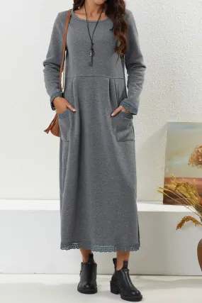 Solid Pocketed Lacework Hem Dress