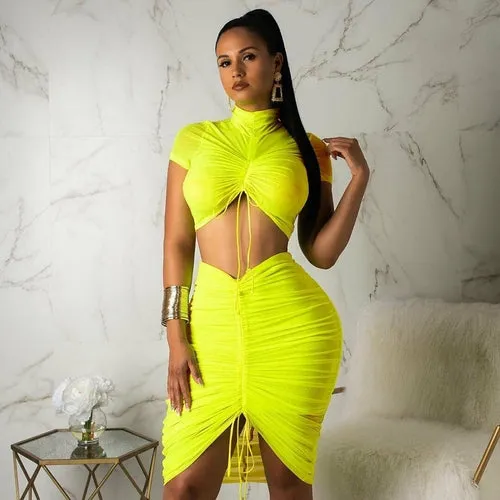 Solid Ruched Bandage O-neck Short Tops Mini Dress