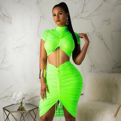 Solid Ruched Bandage O-neck Short Tops Mini Dress