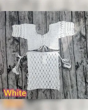 Solid Short Sleeve Skinny Cropped Blouse With Mini Skirts Suit Sets