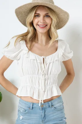Solid Smocked Peasant Blouse Top