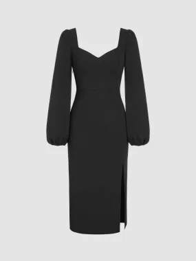 Solid Sweetheart Neck Lantern Sleeve Side Slit Dress In Black