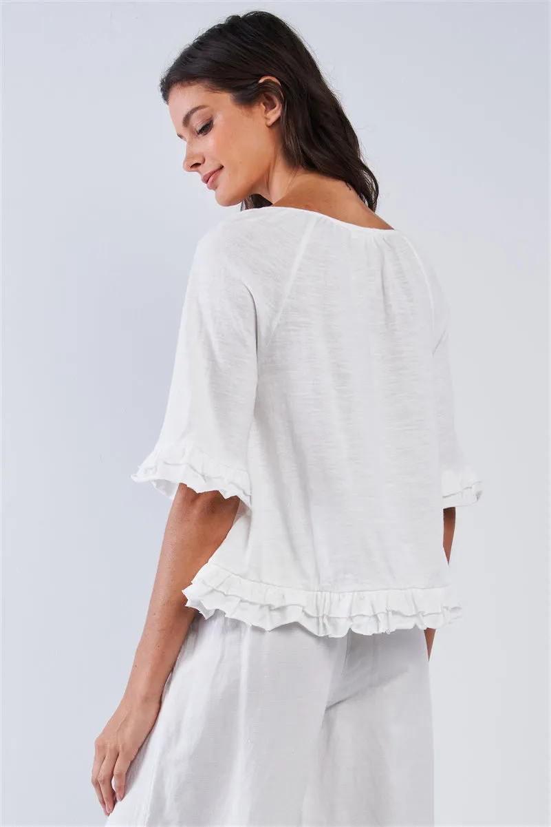 Solid White Cotton Loose Fit Mid Sleeve Ruffle Hem Country Style Peasant Top