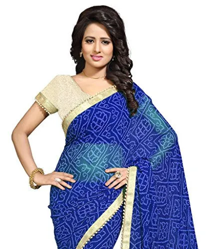 Sourbh Sarees Women's Faux Georgette Blue Party Wear Bandhani Bandhej Print Moti Lace Saree Unstiched Blouse Piece