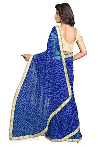 Sourbh Sarees Women's Faux Georgette Blue Party Wear Bandhani Bandhej Print Moti Lace Saree Unstiched Blouse Piece