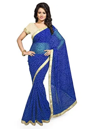 Sourbh Sarees Women's Faux Georgette Blue Party Wear Bandhani Bandhej Print Moti Lace Saree Unstiched Blouse Piece