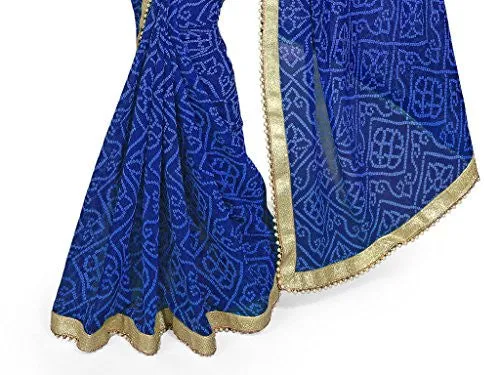 Sourbh Sarees Women's Faux Georgette Blue Party Wear Bandhani Bandhej Print Moti Lace Saree Unstiched Blouse Piece