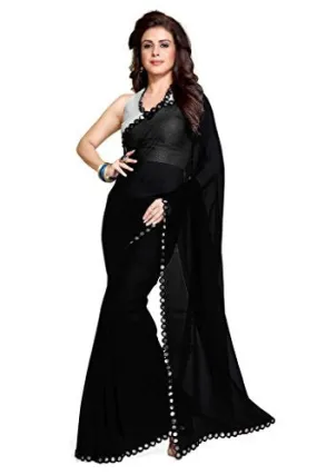 SOURBH Women's Faux Georgette Mirror Border Saree (1023_Black)
