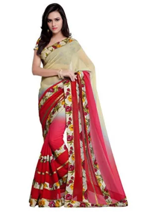 Sourbh Women's Georgette Saree (258_Beige,Red)