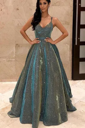 Sparkly Spaghetti Straps Green Sequins Prom Dresses, Backless Party Dresses SWK15431