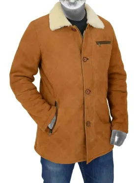 Spine Spark Men's Brown Soft Suede Leather Shearling Coat Jacket