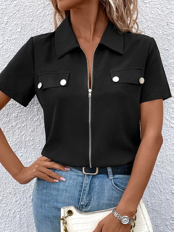 Split-Joint Zipper Loose Short Sleeves Lapel Blouses&Shirts Tops