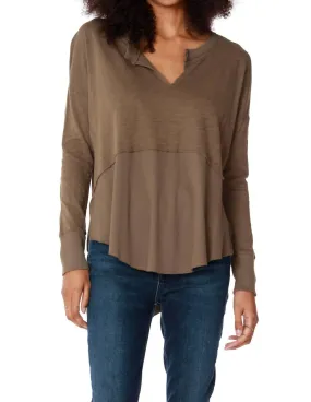 Split Neck Long Sleeve Rib Mix Layered Tee In Olive Tree