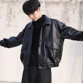 Spring and Autumn Korean Style Black Texture Pilot Leather jacket Loose Men's Motorcycle Clothing Pu Short Outerwear Leather Jacket
