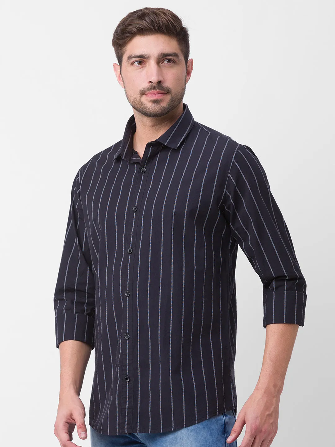 Spykar Black Cotton Full Sleeve Stripes Shirt For Men