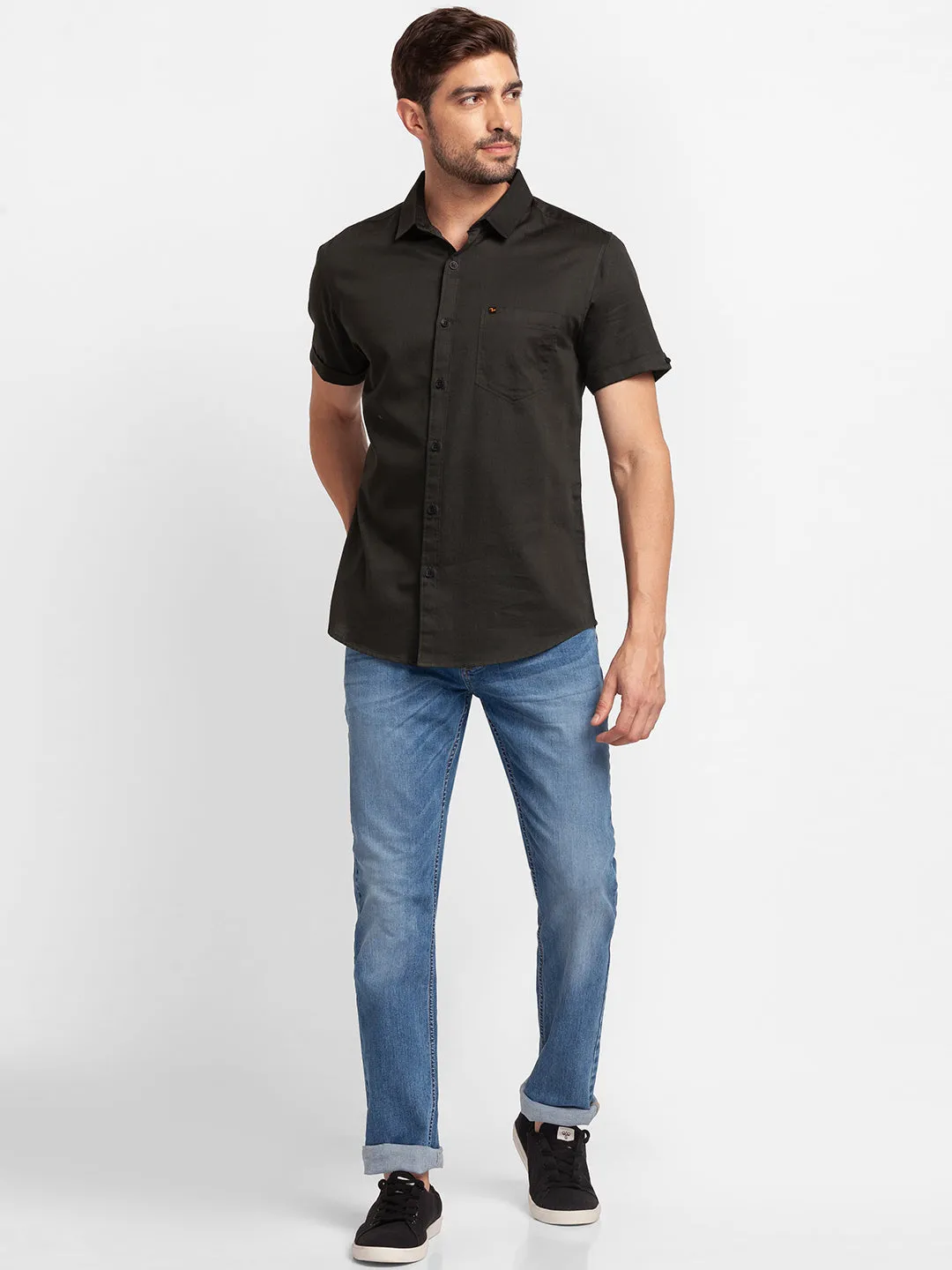 Spykar Bottle Green Cotton Half Sleeve Plain Shirt For Men