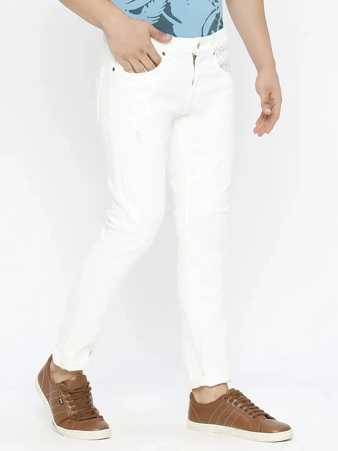 Spykar Men White Cotton Slim Fit Narrow Length Mildly Distressed Low Rise Jeans-(Skinny)