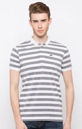 Spykar White and Grey Striped Slim Fit Polo T-Shirt