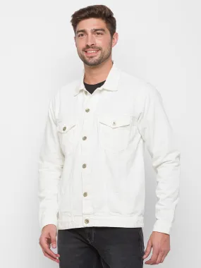 Spykar White Cotton Regular Fit Jacket For Men