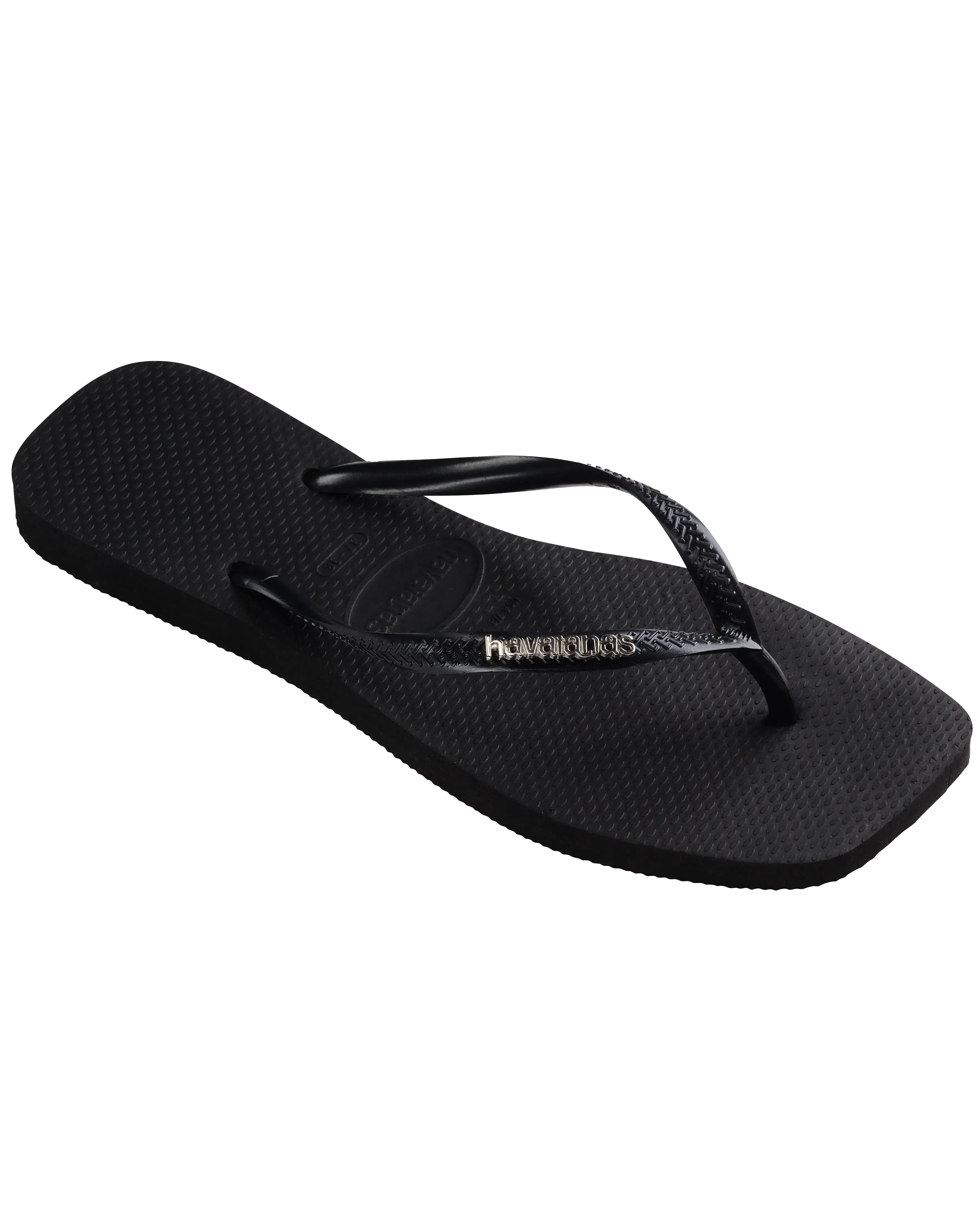 Square Logo Metallic Flip Flops in Black & Silver