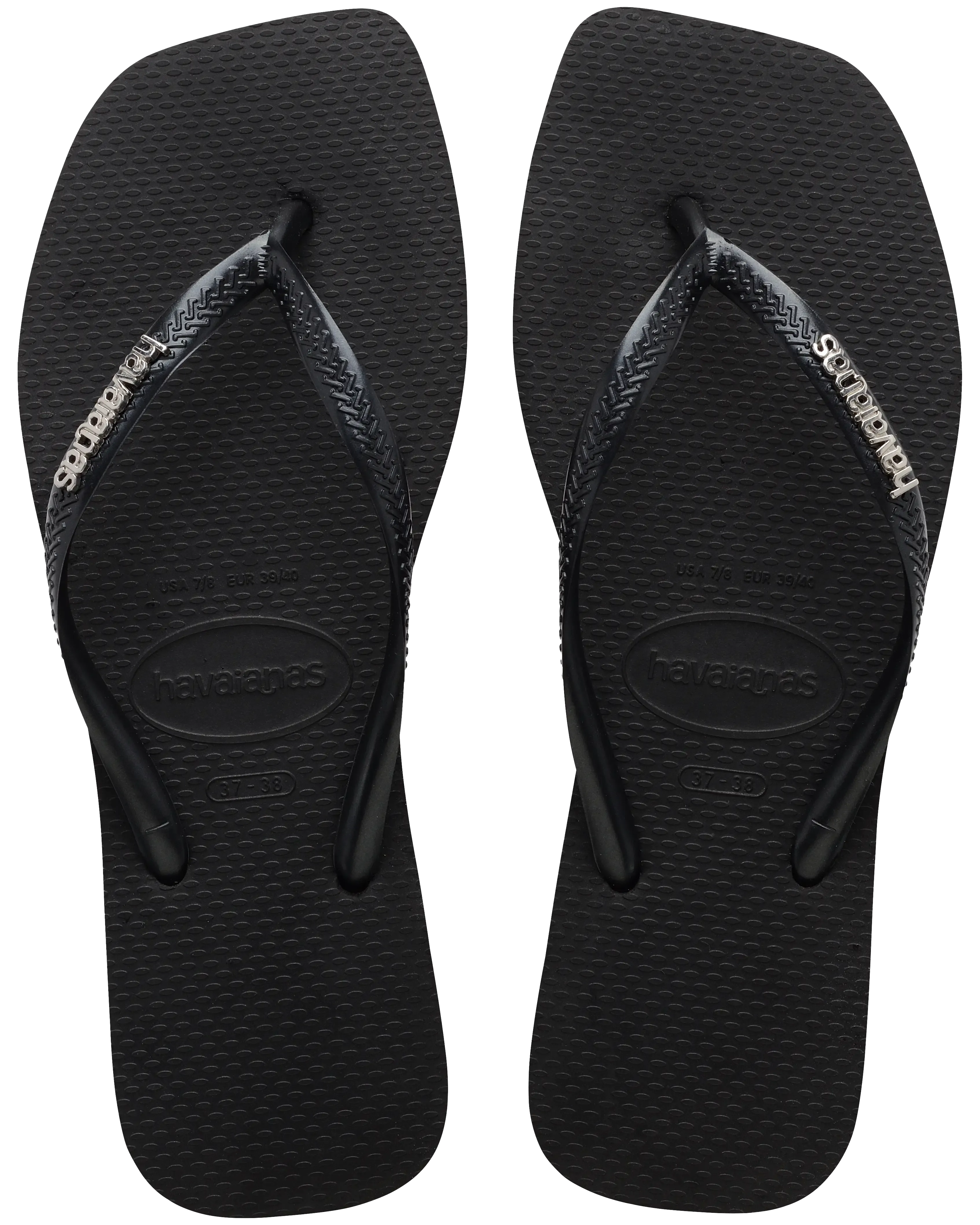 Square Logo Metallic Flip Flops in Black & Silver