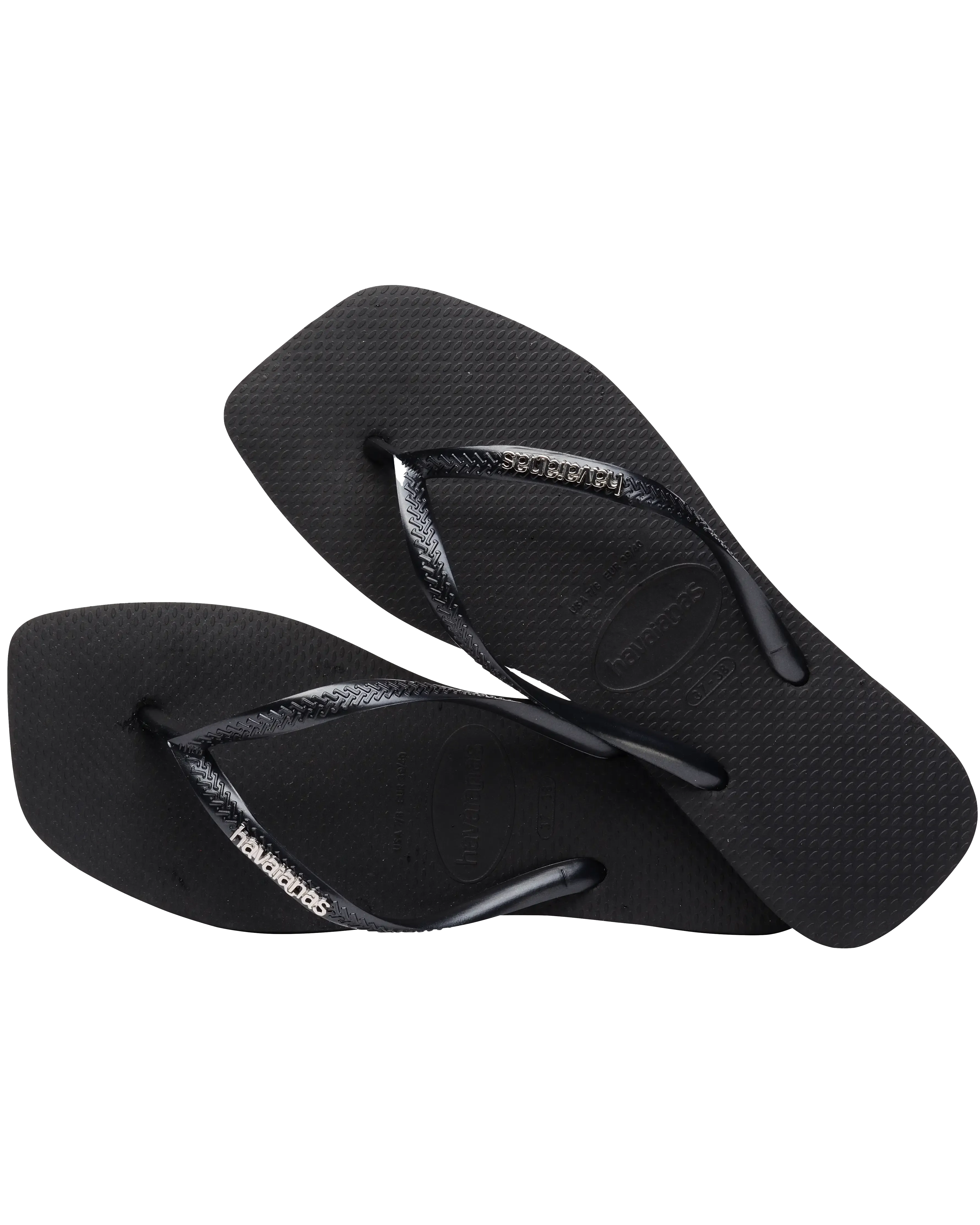 Square Logo Metallic Flip Flops in Black & Silver