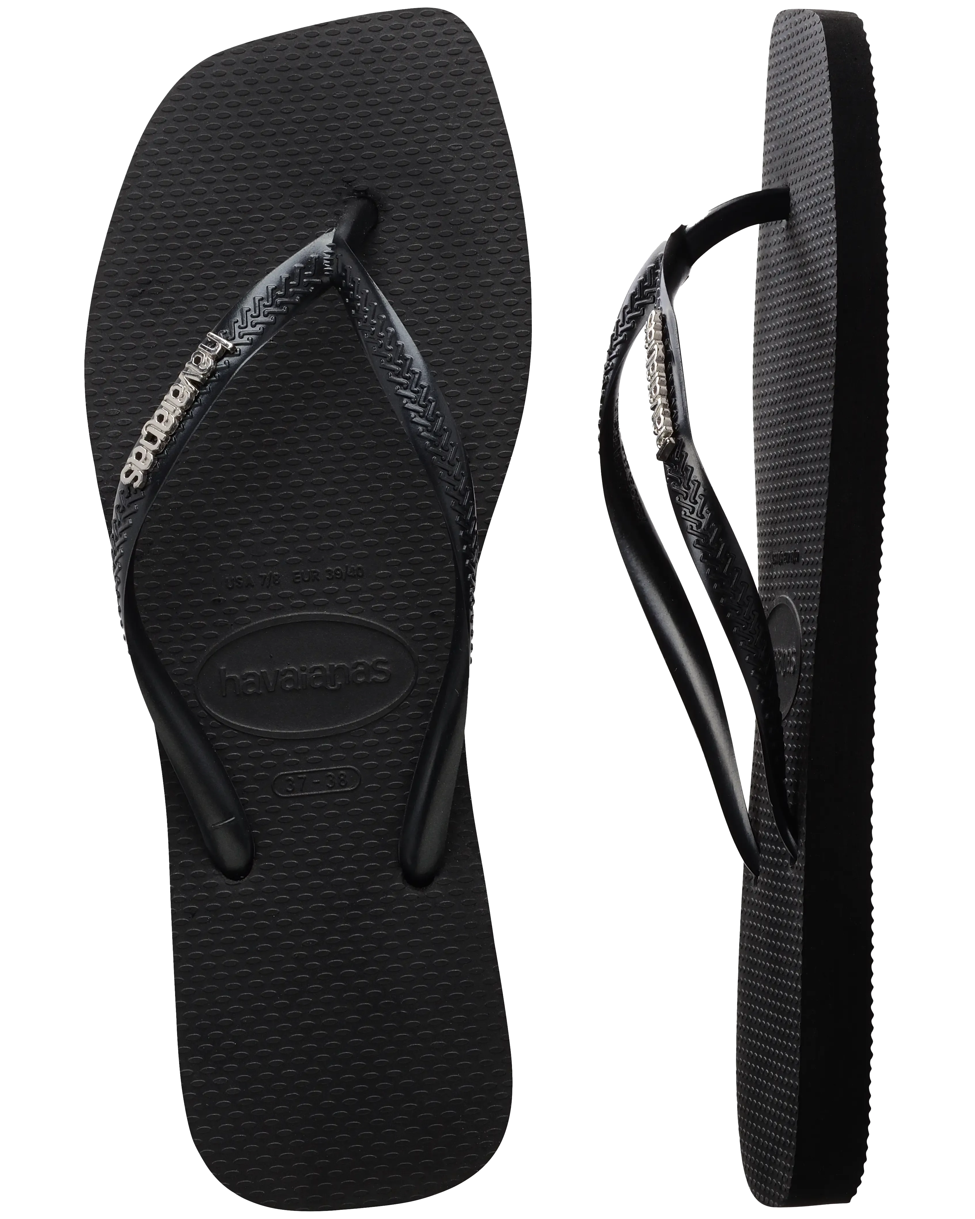 Square Logo Metallic Flip Flops in Black & Silver