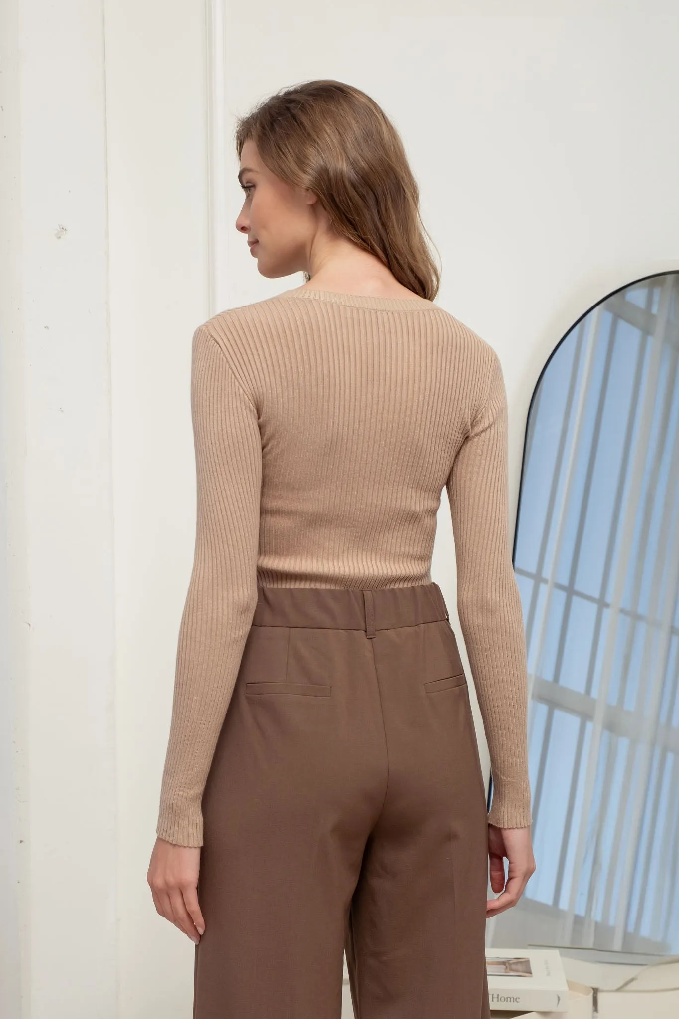 SQUARE NECK LONG SLEEVE CABLE KNIT SWEATER