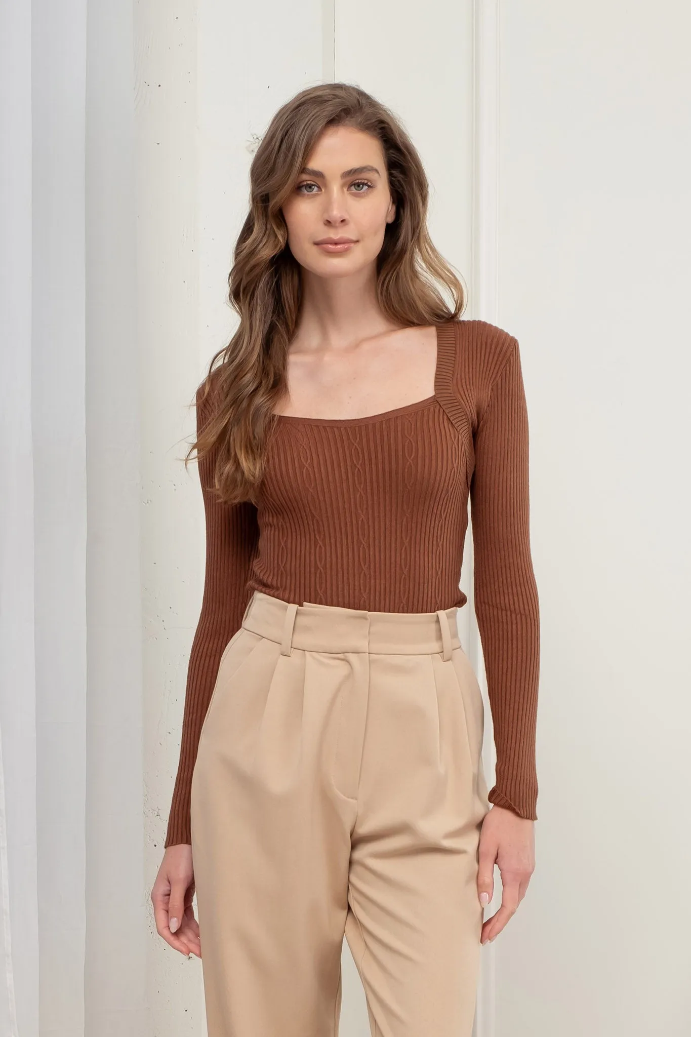 SQUARE NECK LONG SLEEVE CABLE KNIT SWEATER