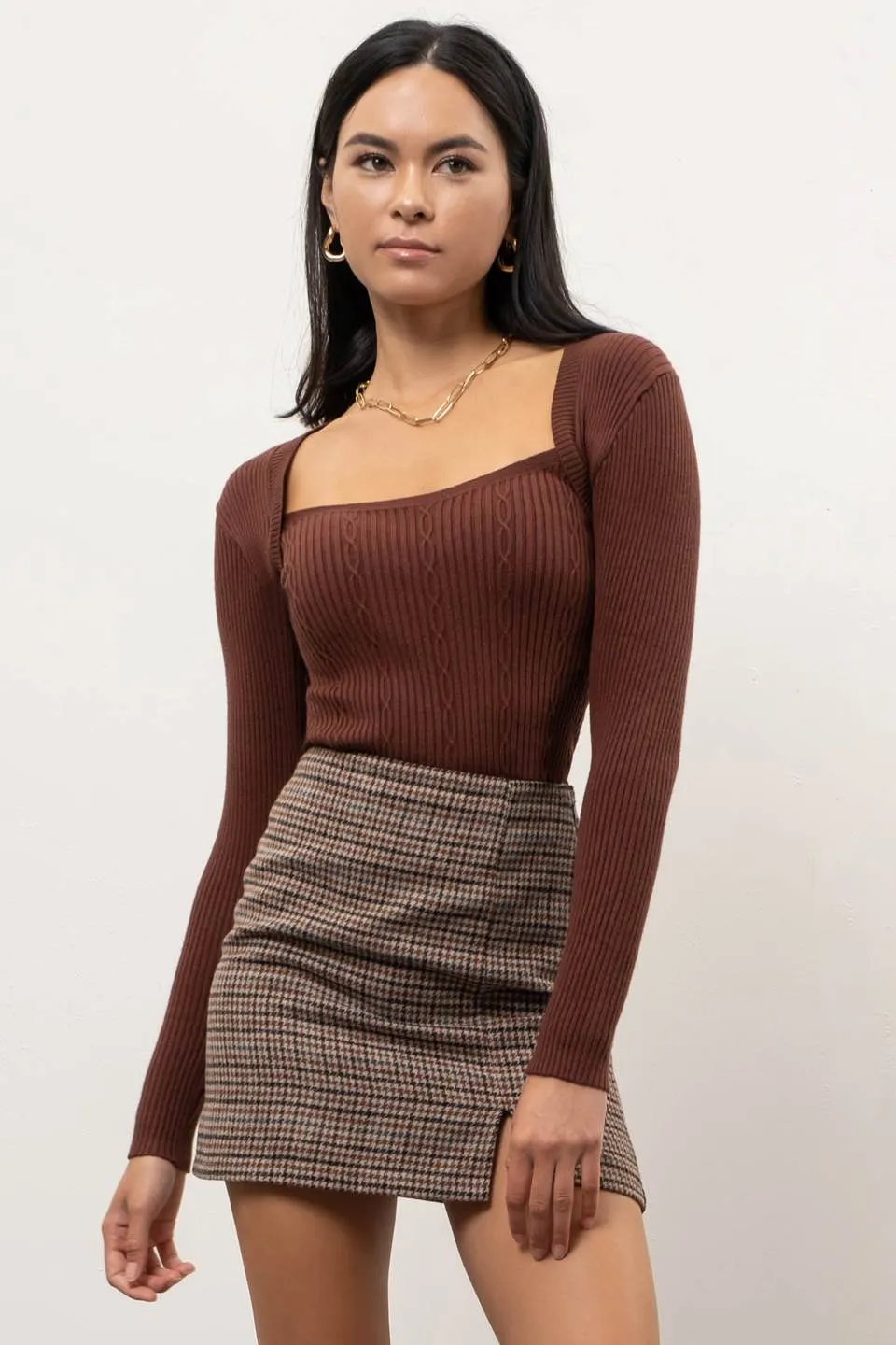 SQUARE NECK LONG SLEEVE CABLE KNIT SWEATER