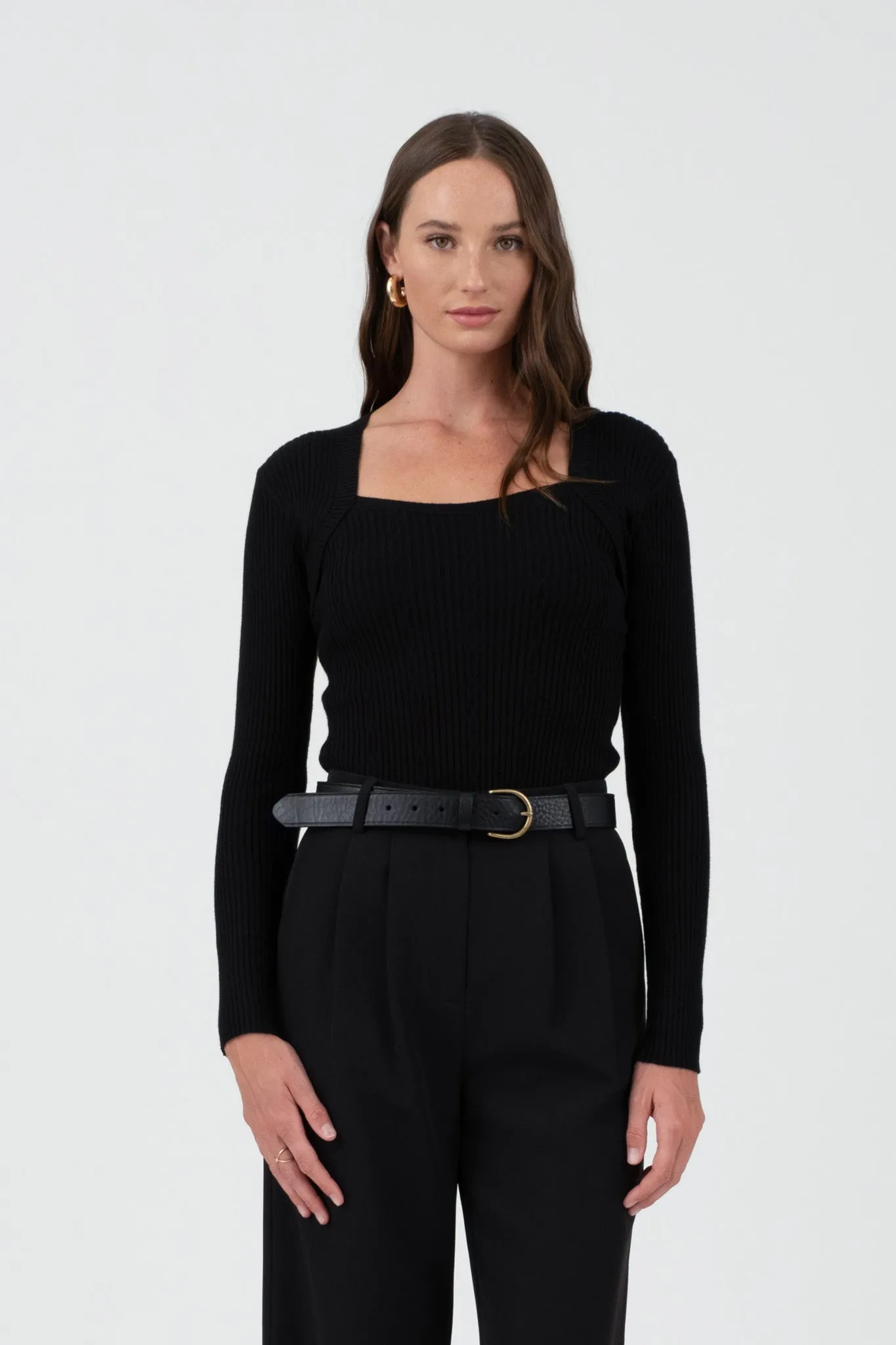 SQUARE NECK LONG SLEEVE CABLE KNIT SWEATER