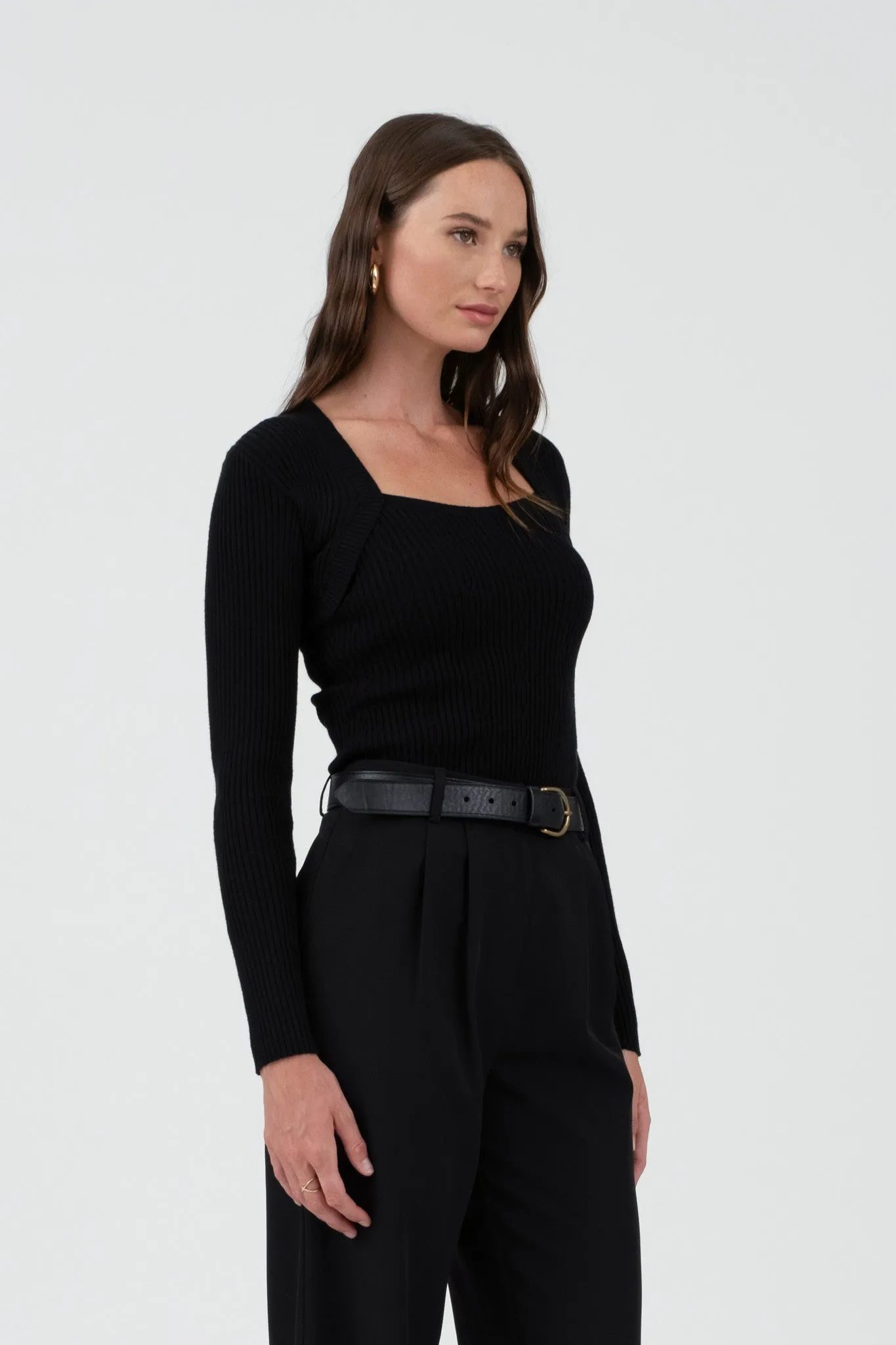 SQUARE NECK LONG SLEEVE CABLE KNIT SWEATER