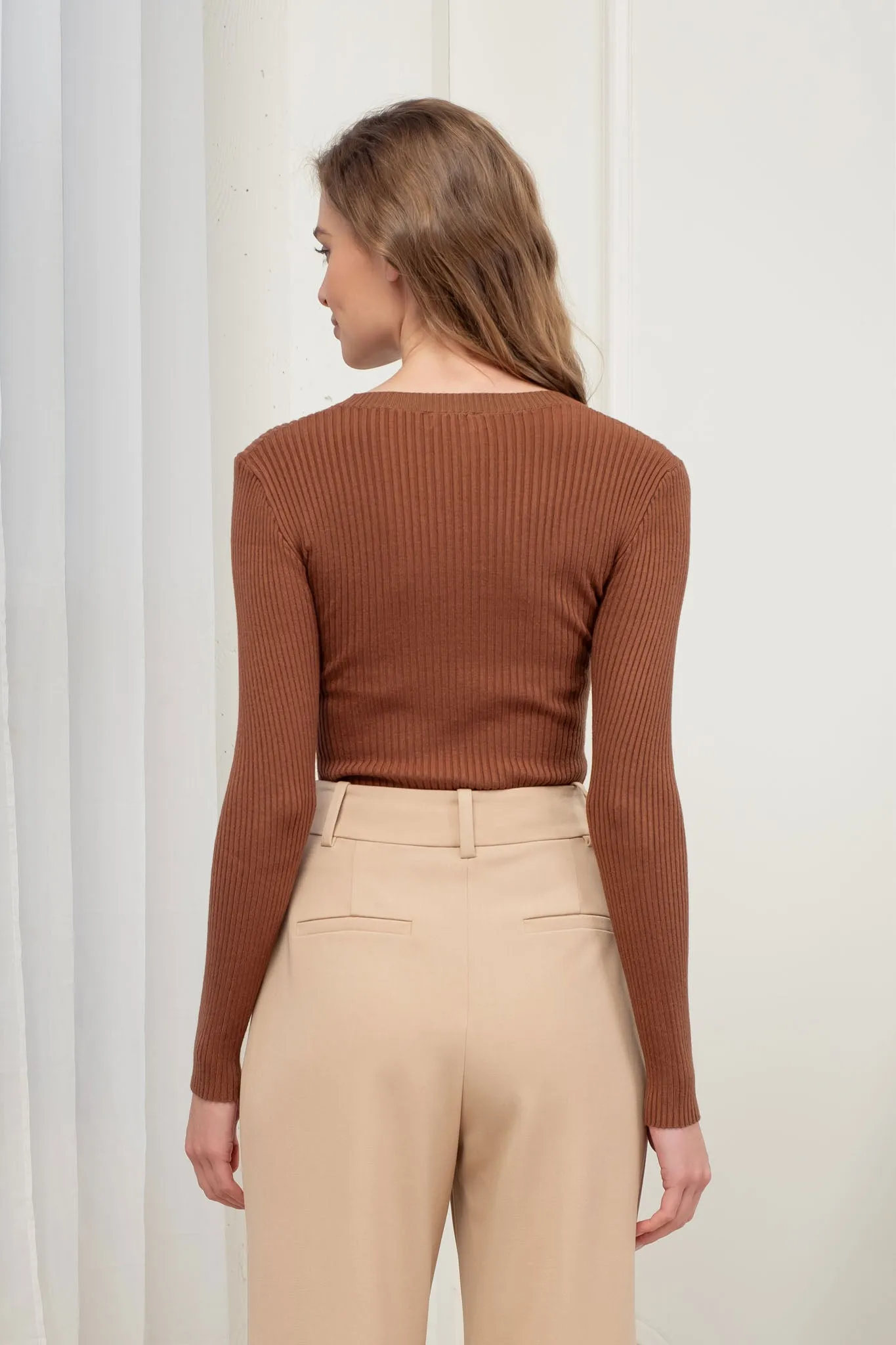 SQUARE NECK LONG SLEEVE CABLE KNIT SWEATER