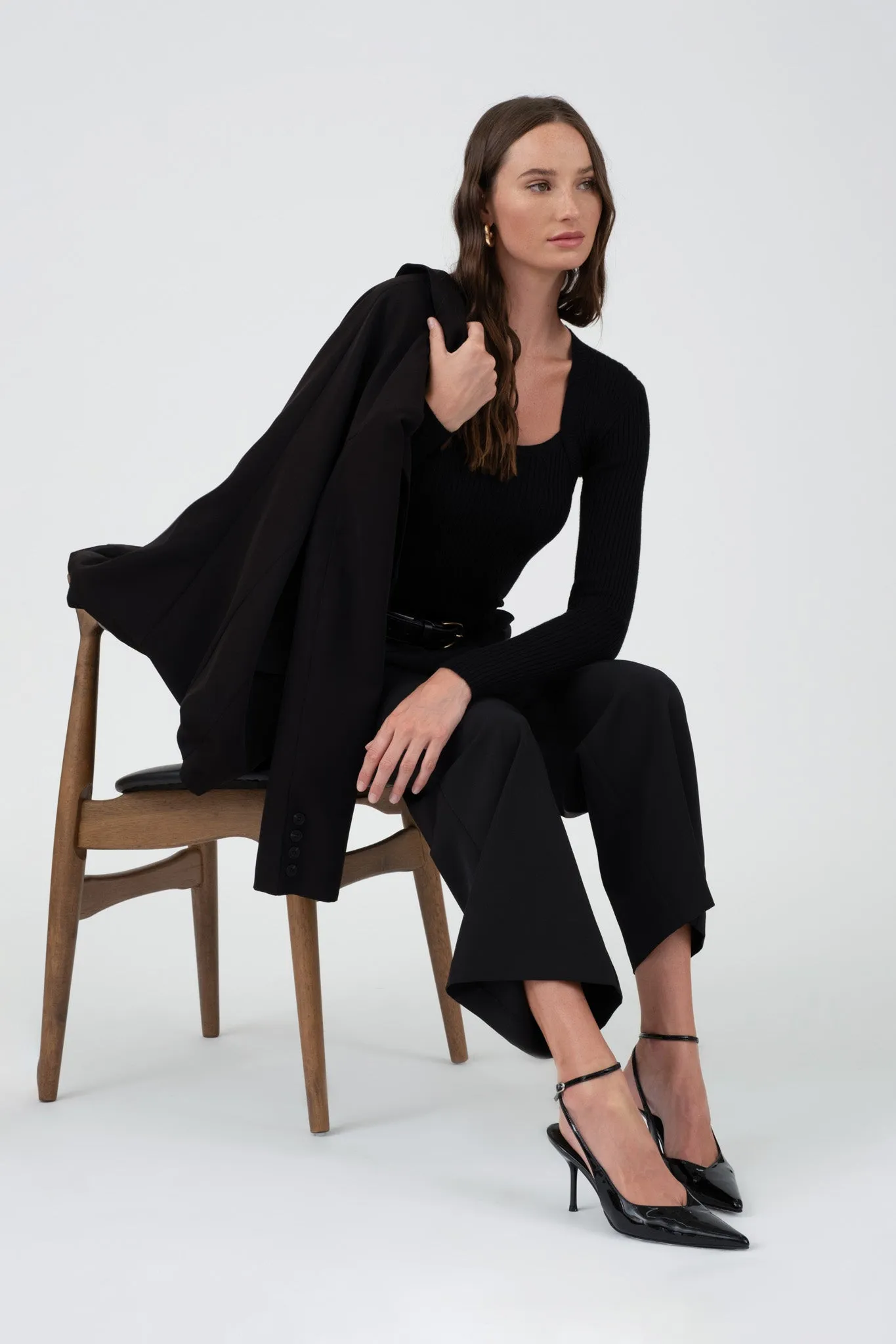 SQUARE NECK LONG SLEEVE CABLE KNIT SWEATER