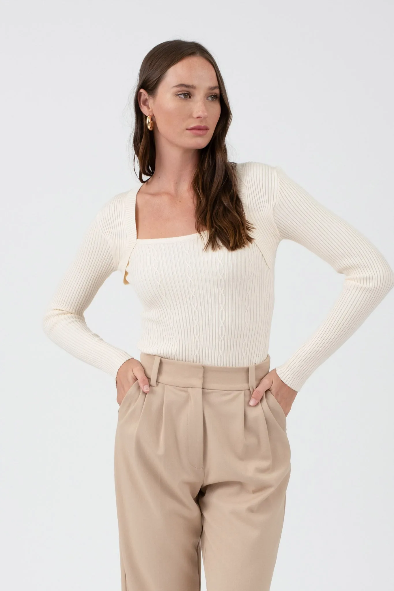 SQUARE NECK LONG SLEEVE CABLE KNIT SWEATER