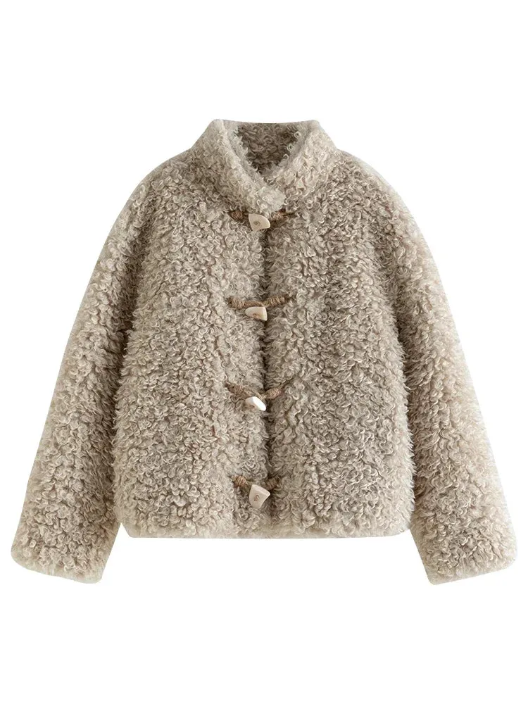 Stand Collar Horn Button Loop Fur Faux Fur Short Light Khaki Loose Coats