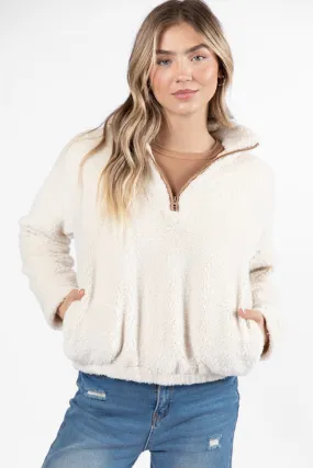 Stay Here Beige Contrast Trim Sherpa Pullover SALE