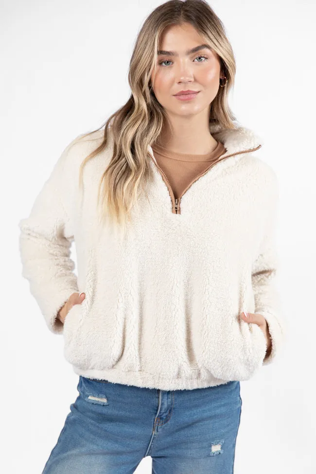Stay Here Beige Contrast Trim Sherpa Pullover SALE