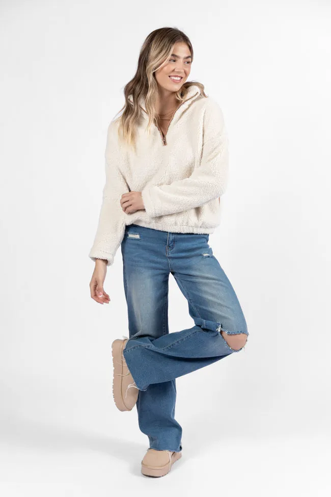 Stay Here Beige Contrast Trim Sherpa Pullover SALE