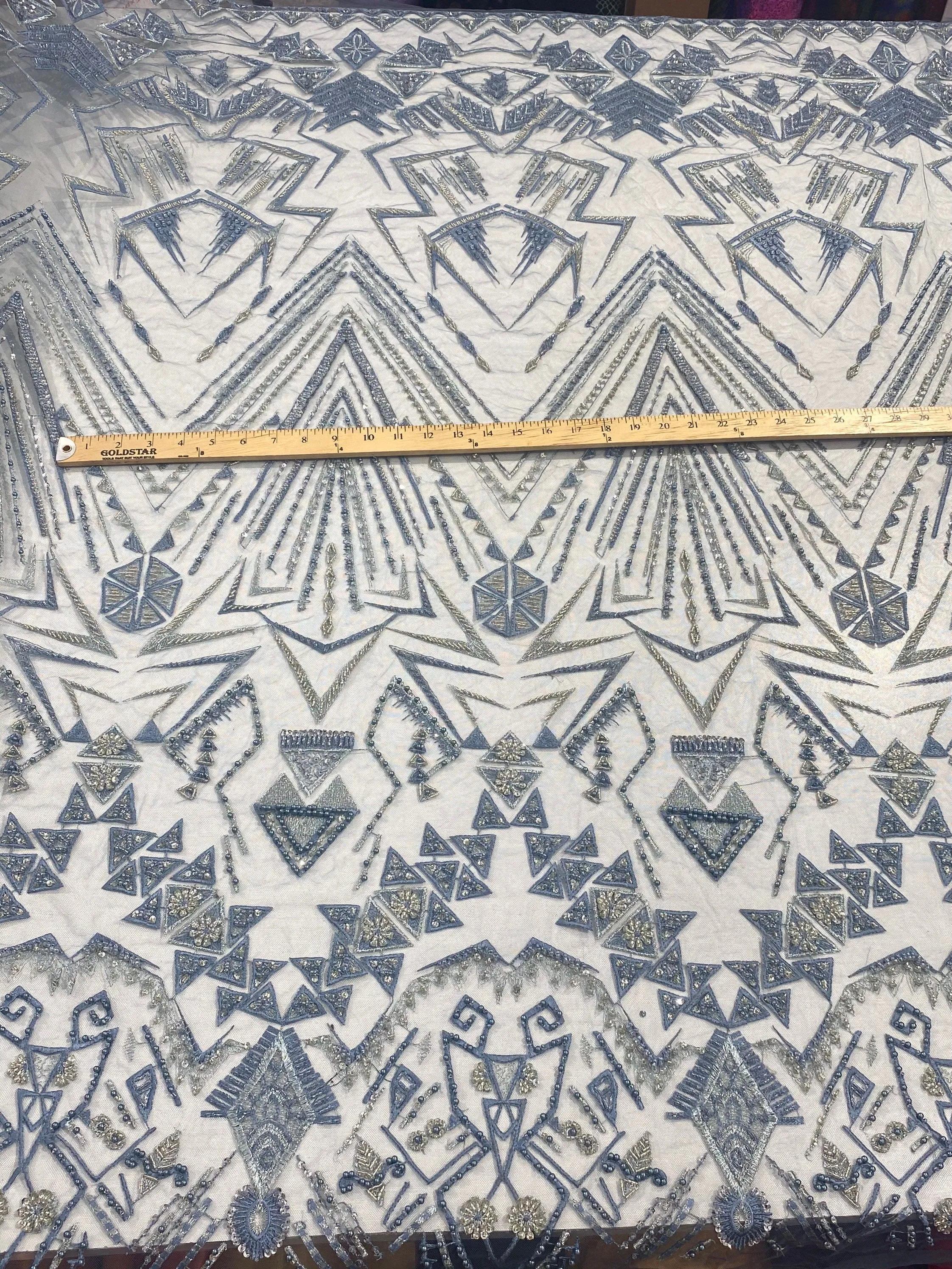 Steel blue multi color geometric design with heavy beaded and sequins on a mesh lace-prom-nightgown-sold by the yard.
