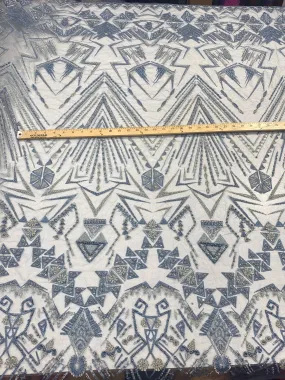 Steel blue multi color geometric design with heavy beaded and sequins on a mesh lace-prom-nightgown-sold by the yard.