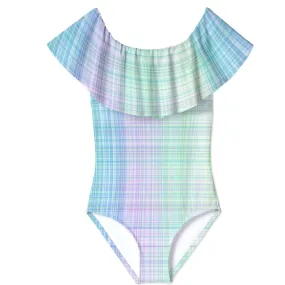 Stella Cove Girls Gingham One Piece Draped Shoulder Swimsuit