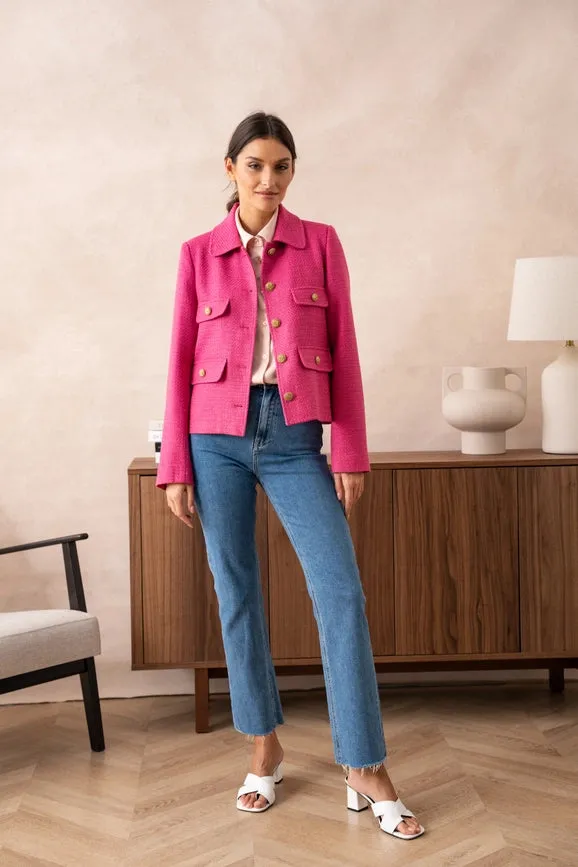 Straight Cut Plain Tweed Jacket Fuchsia