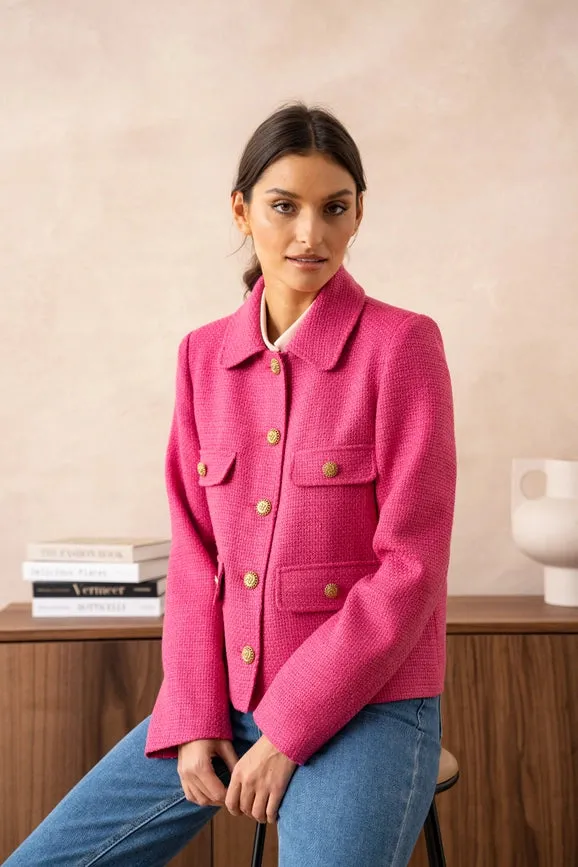 Straight Cut Plain Tweed Jacket Fuchsia
