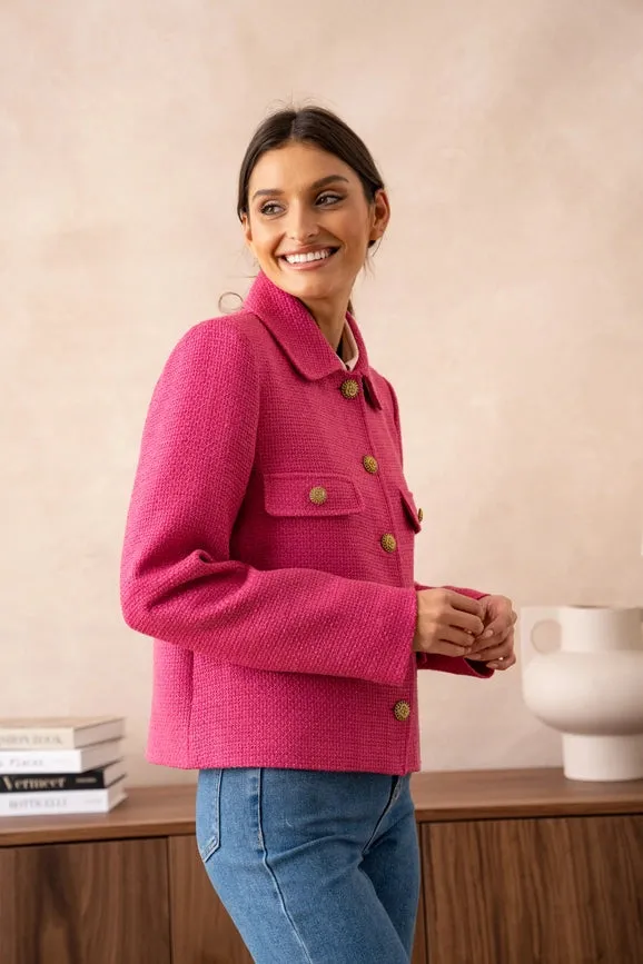 Straight Cut Plain Tweed Jacket Fuchsia