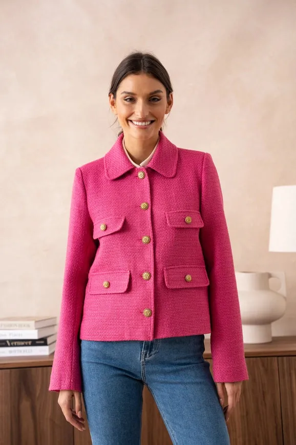 Straight Cut Plain Tweed Jacket Fuchsia