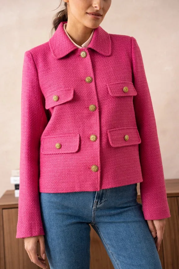 Straight Cut Plain Tweed Jacket Fuchsia