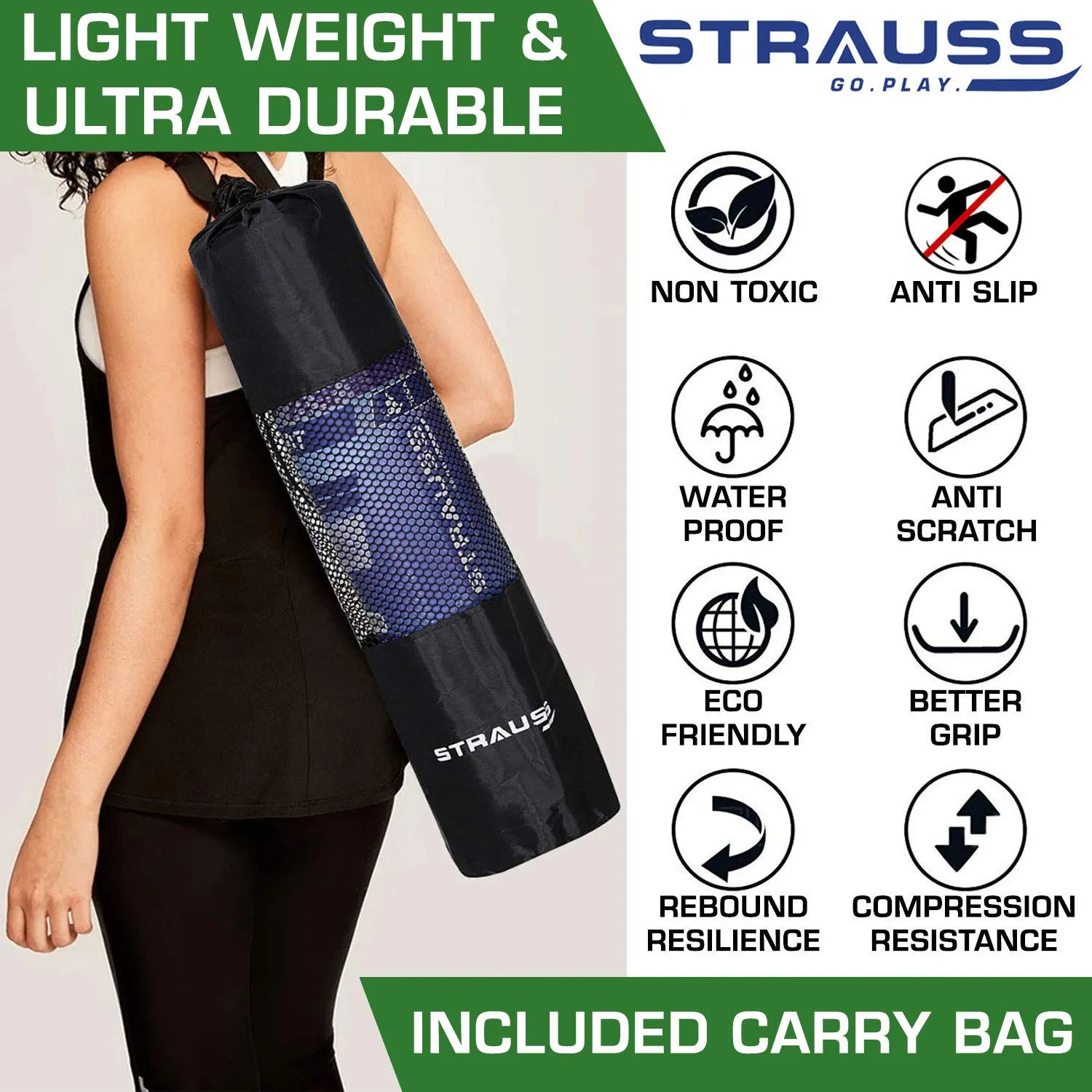 Strauss Meditation Designer Yoga Mat 5 mm (Green), Yoga Block (Green) Pair, Anti-Slip Yoga Towel (Blue) and Yoga Belt (Blue)