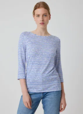 Stretch Linen Striped 3/4 Sleeve Boatneck in Klein