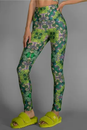 Stretchy Psychedelic Botanical Printed Green Garden Leggings